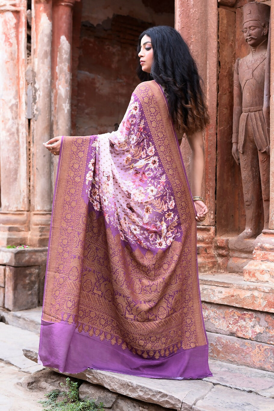 Joban Fashion Dark And Light Lilac Crepe Chiffon Pure Handloom Banarasi Silk Saree