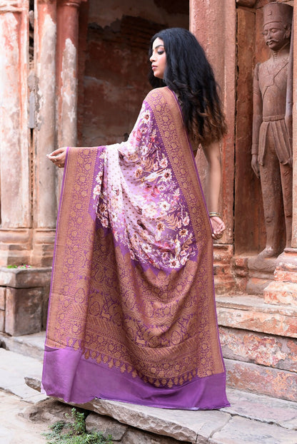Joban Fashion Dark And Light Lilac Crepe Chiffon Pure Handloom Banarasi Silk Saree