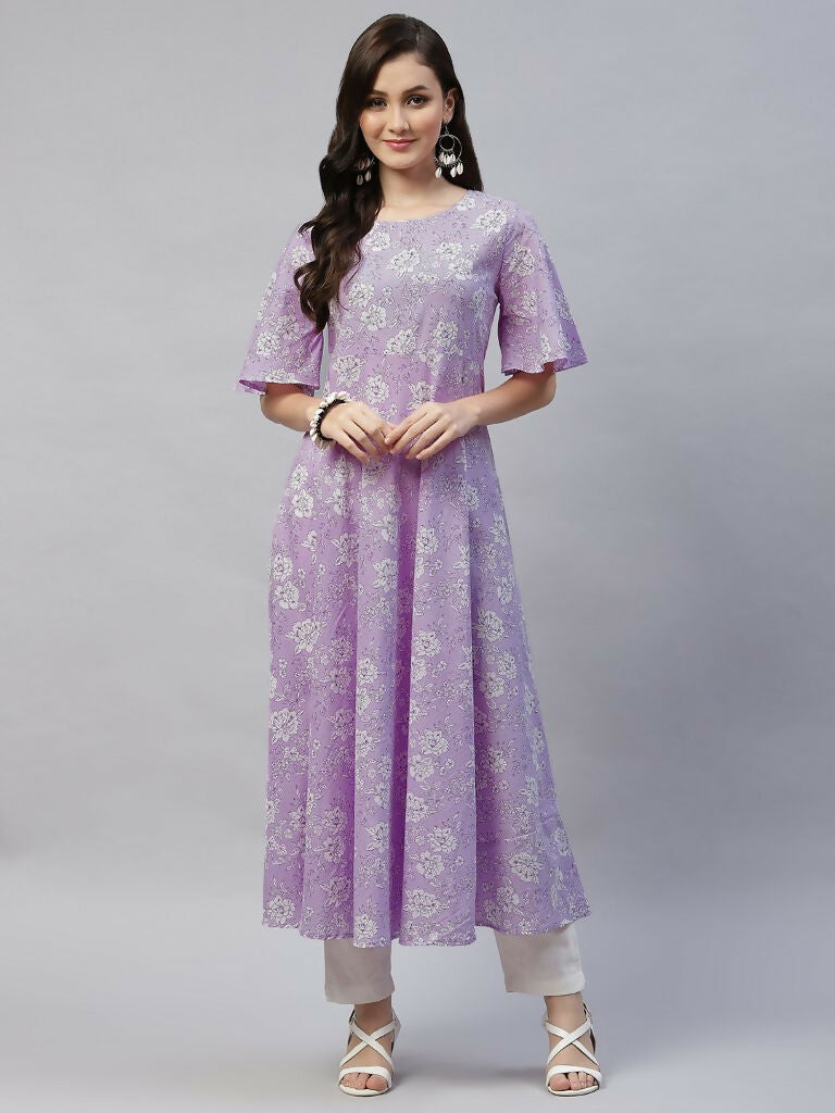 Miravan Women's Levender Floral Printed Anarkali Kurta