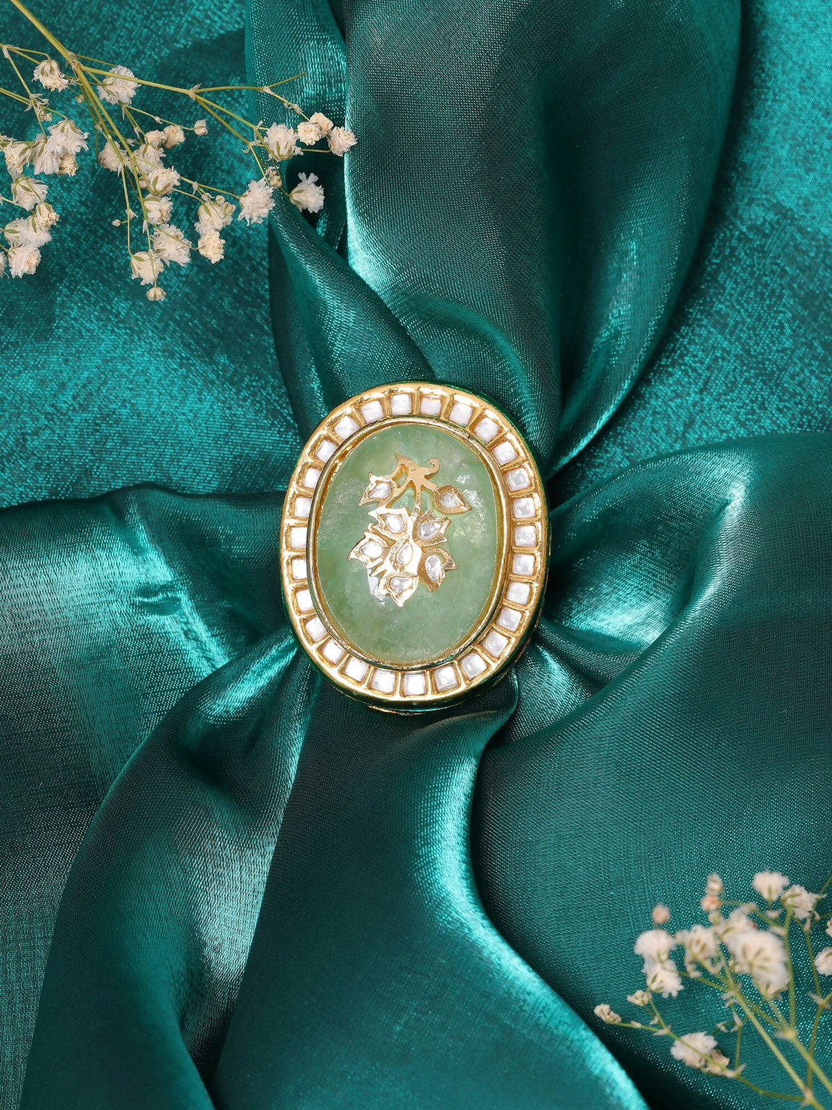 Ruby Raang Gold Polished Green Kundan And Stone Ring