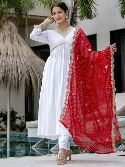 The52 White Women's Gorgeous Embroidered Chanderi Fabric Straight Kurta, Pant and Dupatta Set