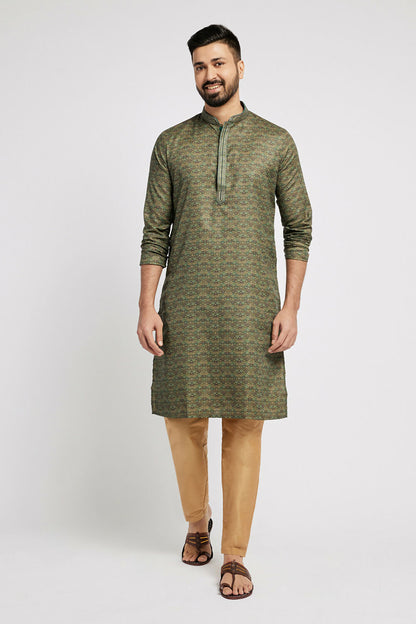 Ethnic India Green Men's Kurta Abstract Polyester