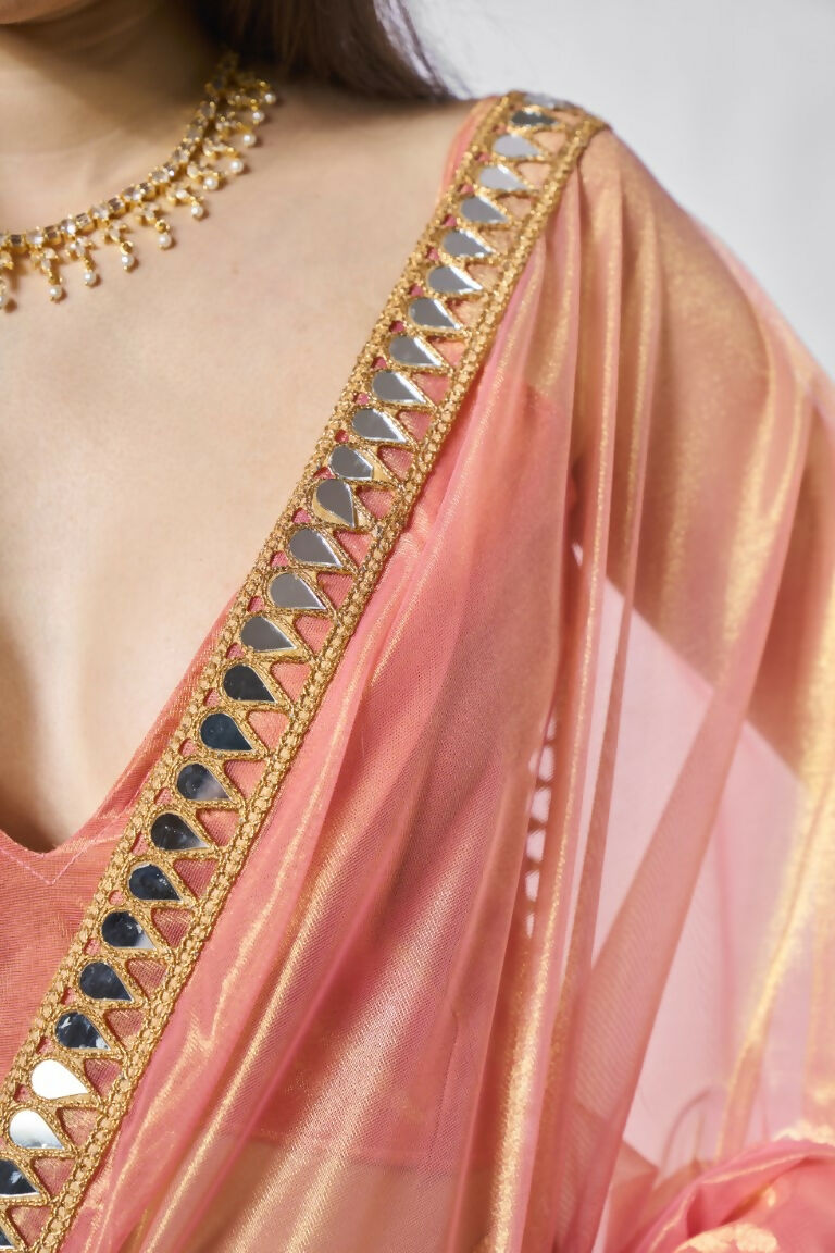 Orange Gold Tissue Net Solid & Gold Cotted Saree - Samaa