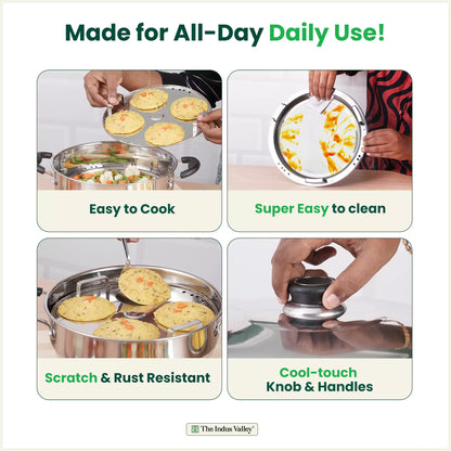 The Indus Valley 8 Pit Tri-Steel Multi Pot Premium Stainless Steel Idli/ Dhokla/ Momo Maker/ Veg Steaming Set, Tri-ply Induction Bottom, 5 Plates, 3L