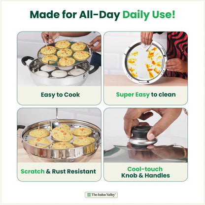 The Indus Valley 14 Pit Tri-Steel Multi Pot Premium Stainless Steel Idli/ Dhokla/ Momo Maker/  Veg Steaming Set, Tri-ply Induction Bottom, 5 Plates, 4.2L, 2.5kg