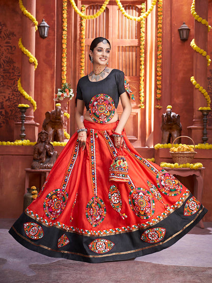 Myra Red Art Silk Gamthi Work Designer Lehenga