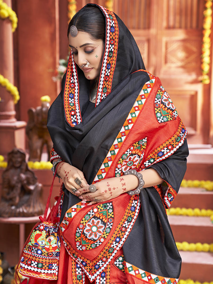 Myra Red Art Silk Gamthi Work Designer Lehenga