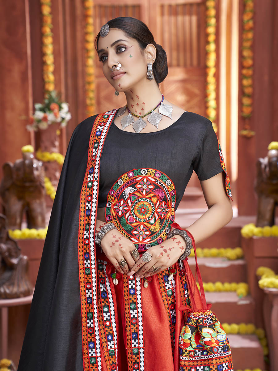 Myra Red Art Silk Gamthi Work Designer Lehenga