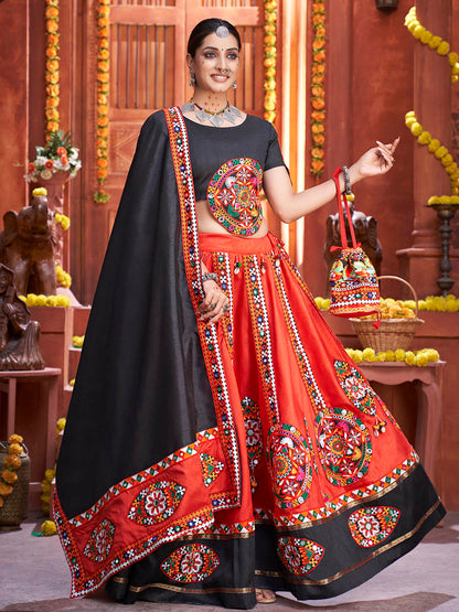 Myra Red Art Silk Gamthi Work Designer Lehenga
