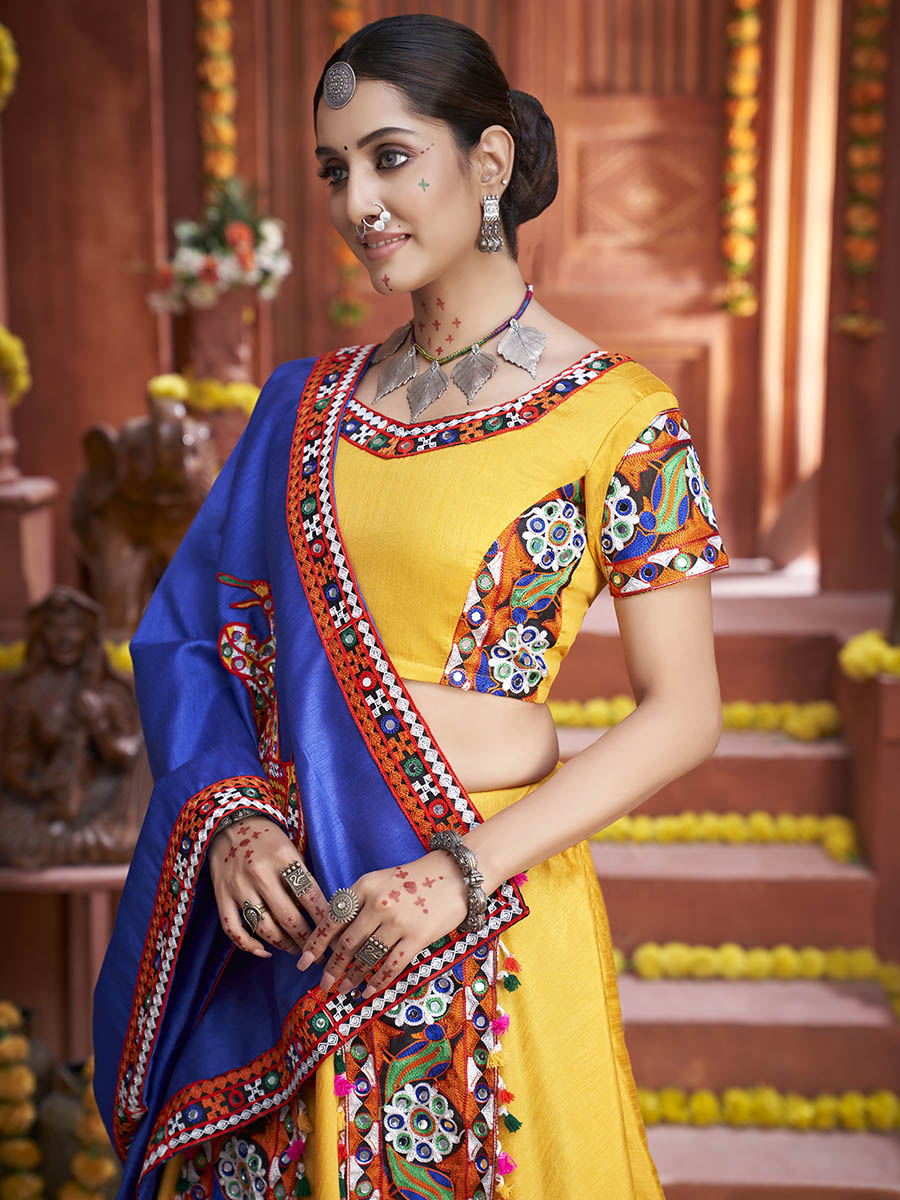 Myra Yellow Art Silk Gamthi Work Designer Lehenga