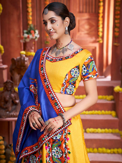 Myra Yellow Art Silk Gamthi Work Designer Lehenga