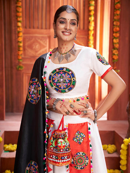 Myra White Art Silk Gamthi Work Designer Lehenga