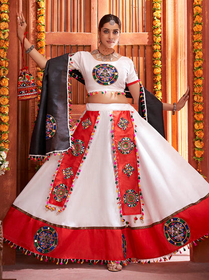 Myra White Art Silk Gamthi Work Designer Lehenga