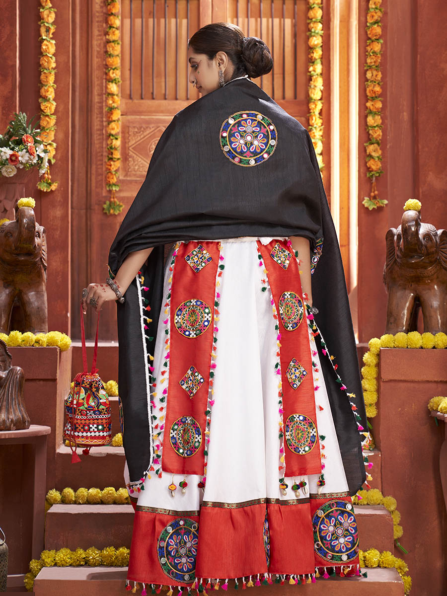 Myra White Art Silk Gamthi Work Designer Lehenga