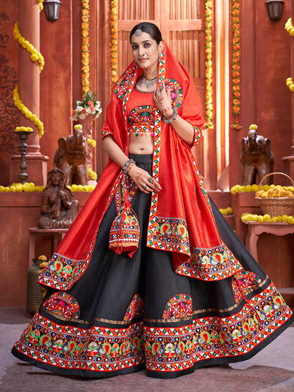 Myra Black Art Silk Gamthi Work Designer Lehenga