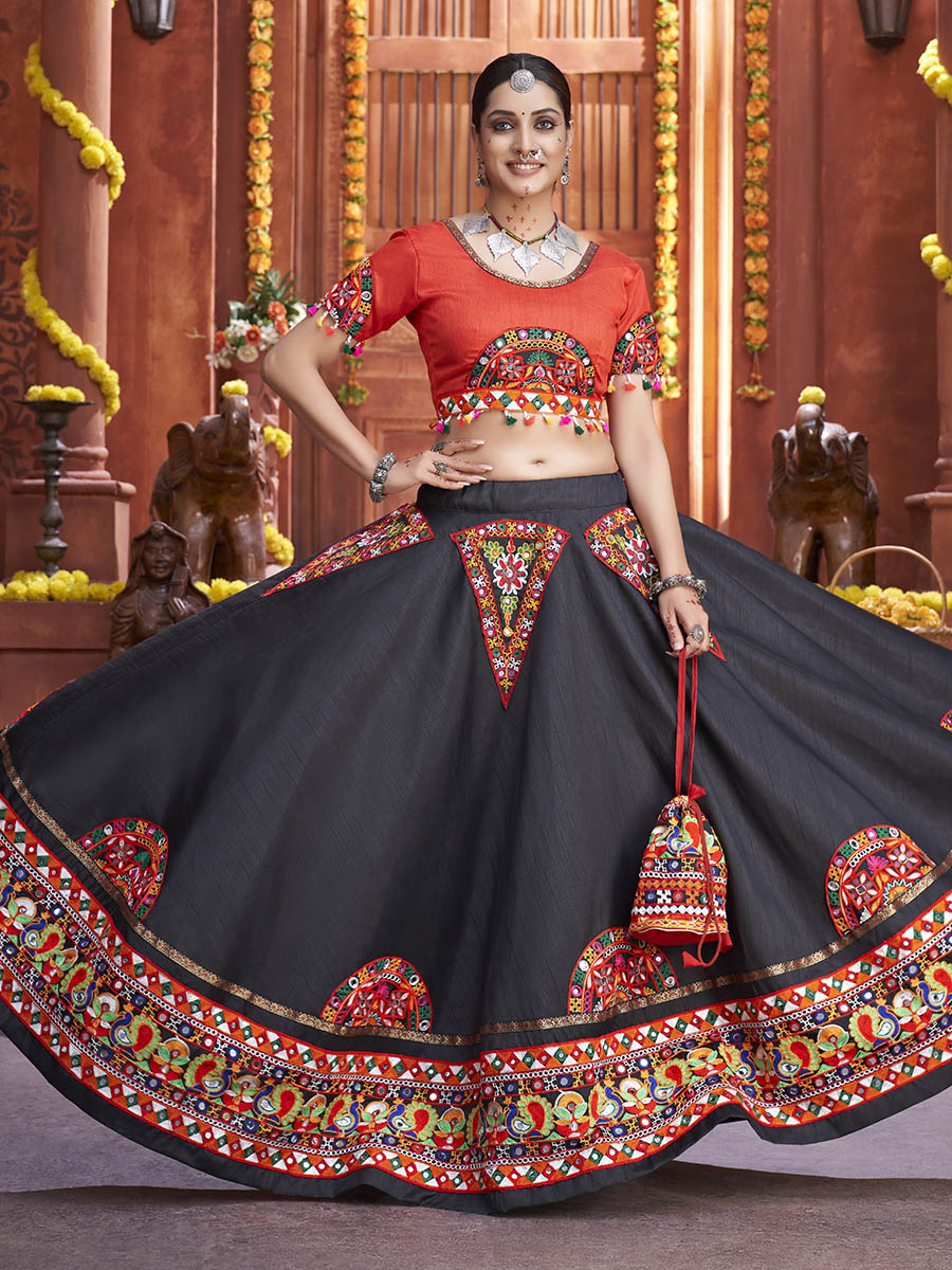 Myra Black Art Silk Gamthi Work Designer Lehenga
