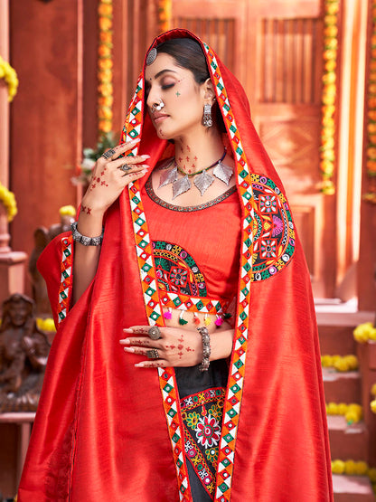 Myra Black Art Silk Gamthi Work Designer Lehenga
