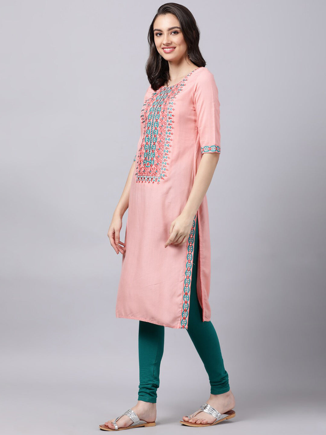 Souchii Women Peach-Coloured & Blue Ethnic Motifs Yoke Design Thread Work Pastels Kurta
