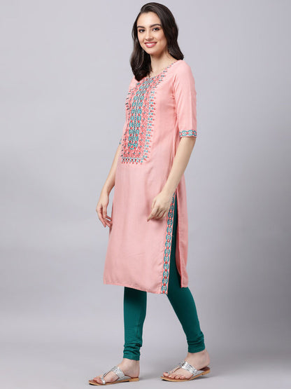 Souchii Women Peach-Coloured & Blue Ethnic Motifs Yoke Design Thread Work Pastels Kurta
