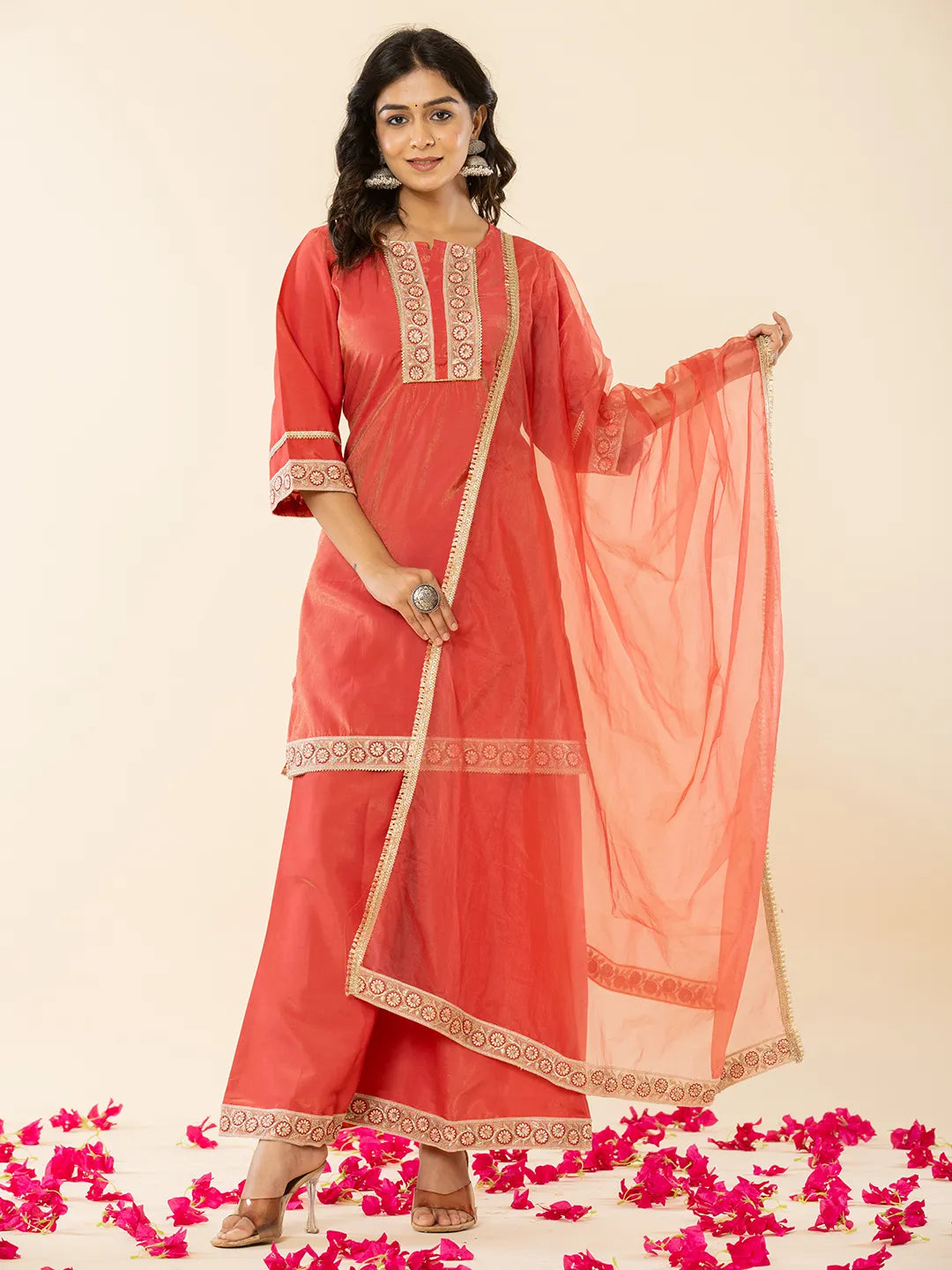 Yufta Silk Kurta Dupatta Set With Flared Bottom And Embroidery