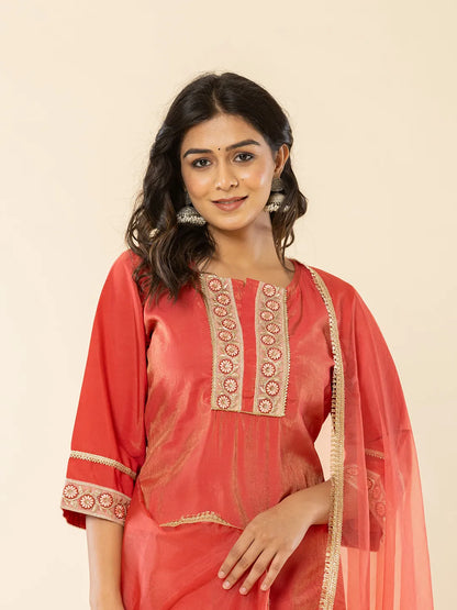 Yufta Silk Kurta Dupatta Set With Flared Bottom And Embroidery