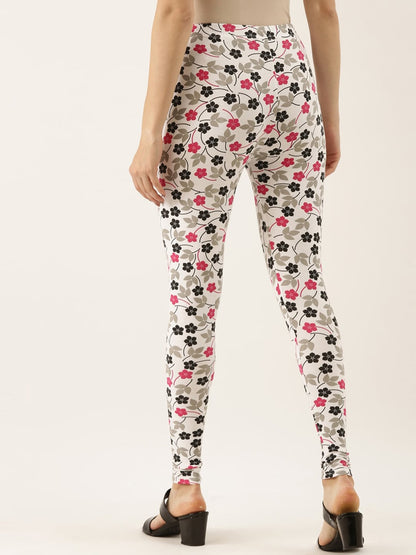 Souchii White & Pink Printed Slim-Fit Ankle-Length Leggings