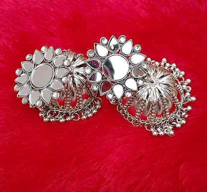 Rhodium-Plated Alloy Round Mirror Studded Jhumki Earrings - The Pari