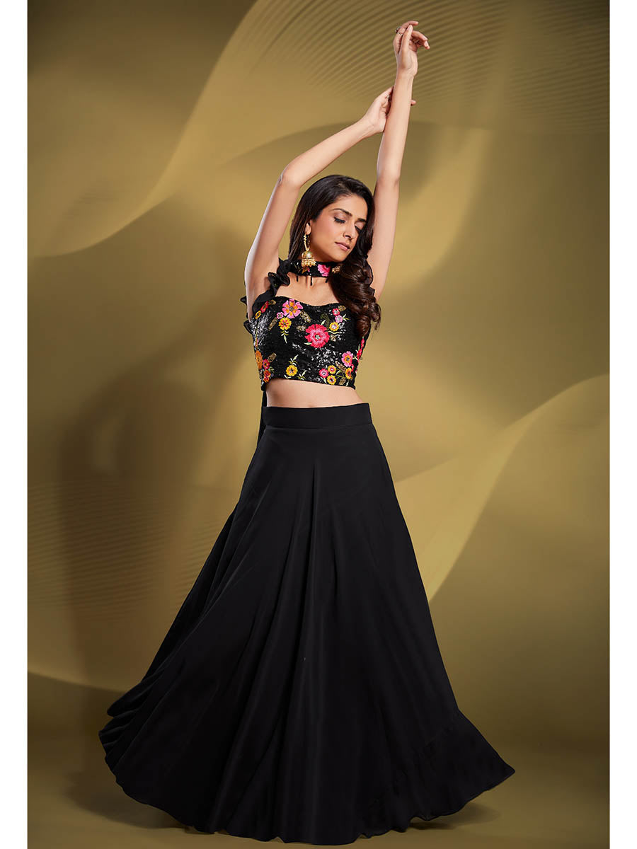 Myra Black Georgette Embroidered Designer Lehenga