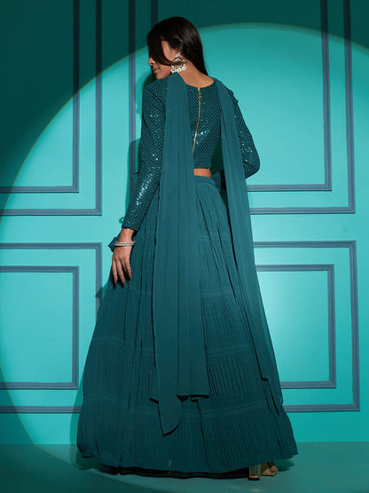 Myra Pista Green Georgette Embroidered Designer Lehenga