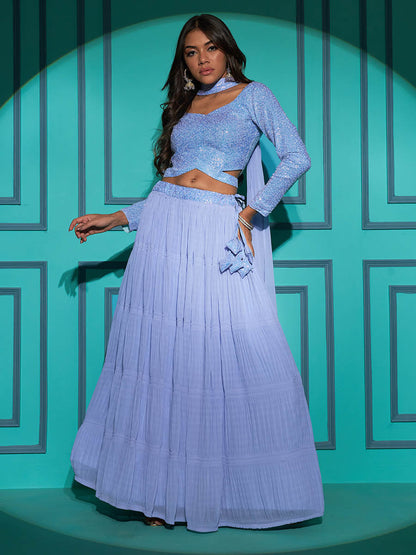 Myra Dusty Sky Georgette Embroidered Designer Lehenga