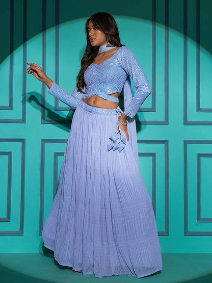 Myra Dusty Sky Georgette Embroidered Designer Lehenga