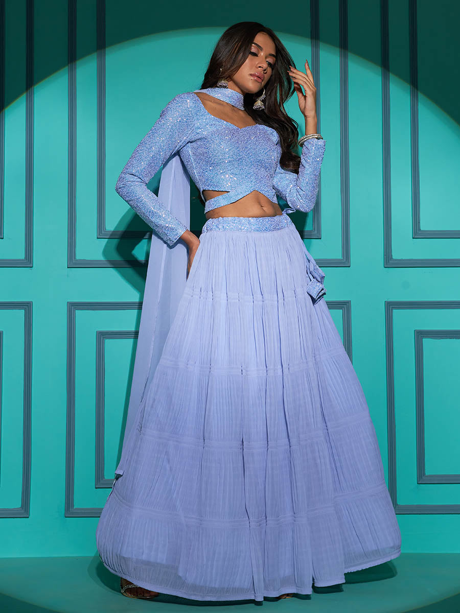 Myra Dusty Sky Georgette Embroidered Designer Lehenga