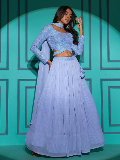 Myra Dusty Sky Georgette Embroidered Designer Lehenga