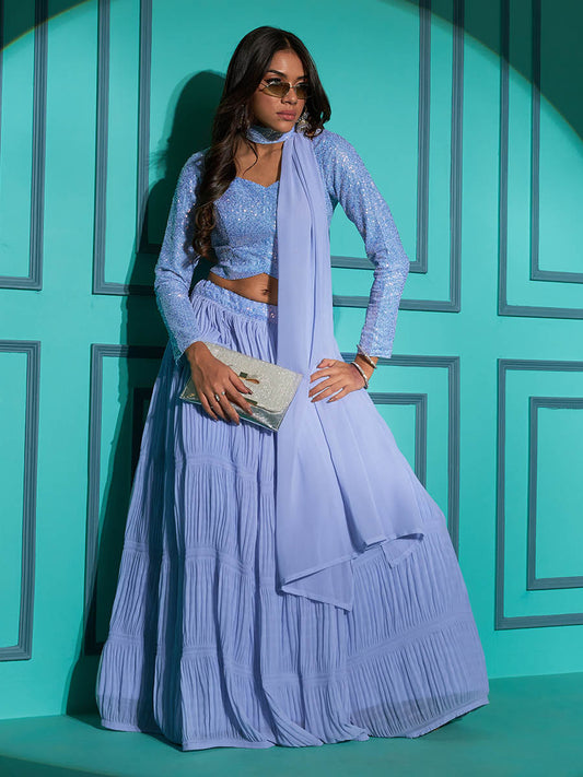 Myra Dusty Sky Georgette Embroidered Designer Lehenga