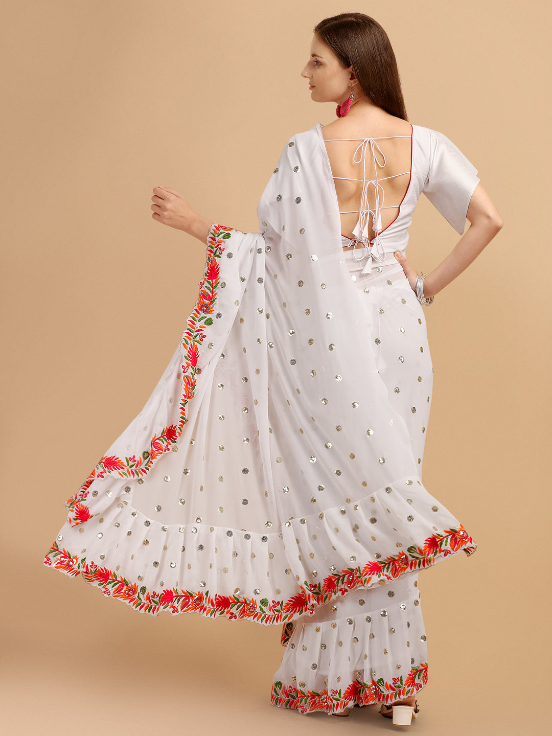 Lorenvalley Fashion White Faux Georgette Ruffle Saree with Fancy Sequence work & Blouse