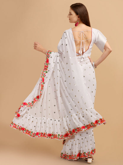 Lorenvalley Fashion White Faux Georgette Ruffle Saree with Fancy Sequence work & Blouse
