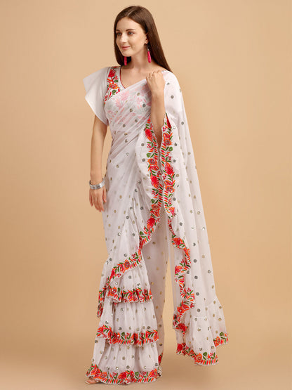 Lorenvalley Fashion White Faux Georgette Ruffle Saree with Fancy Sequence work & Blouse