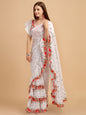 Lorenvalley Fashion White Faux Georgette Ruffle Saree with Fancy Sequence work & Blouse