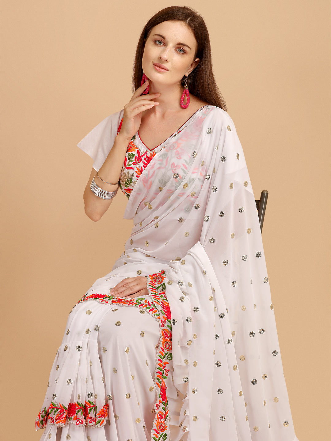 Lorenvalley Fashion White Faux Georgette Ruffle Saree with Fancy Sequence work & Blouse