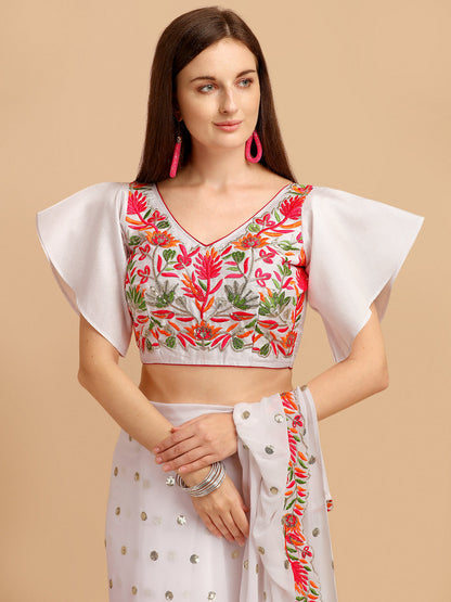 Lorenvalley Fashion White Faux Georgette Ruffle Saree with Fancy Sequence work & Blouse