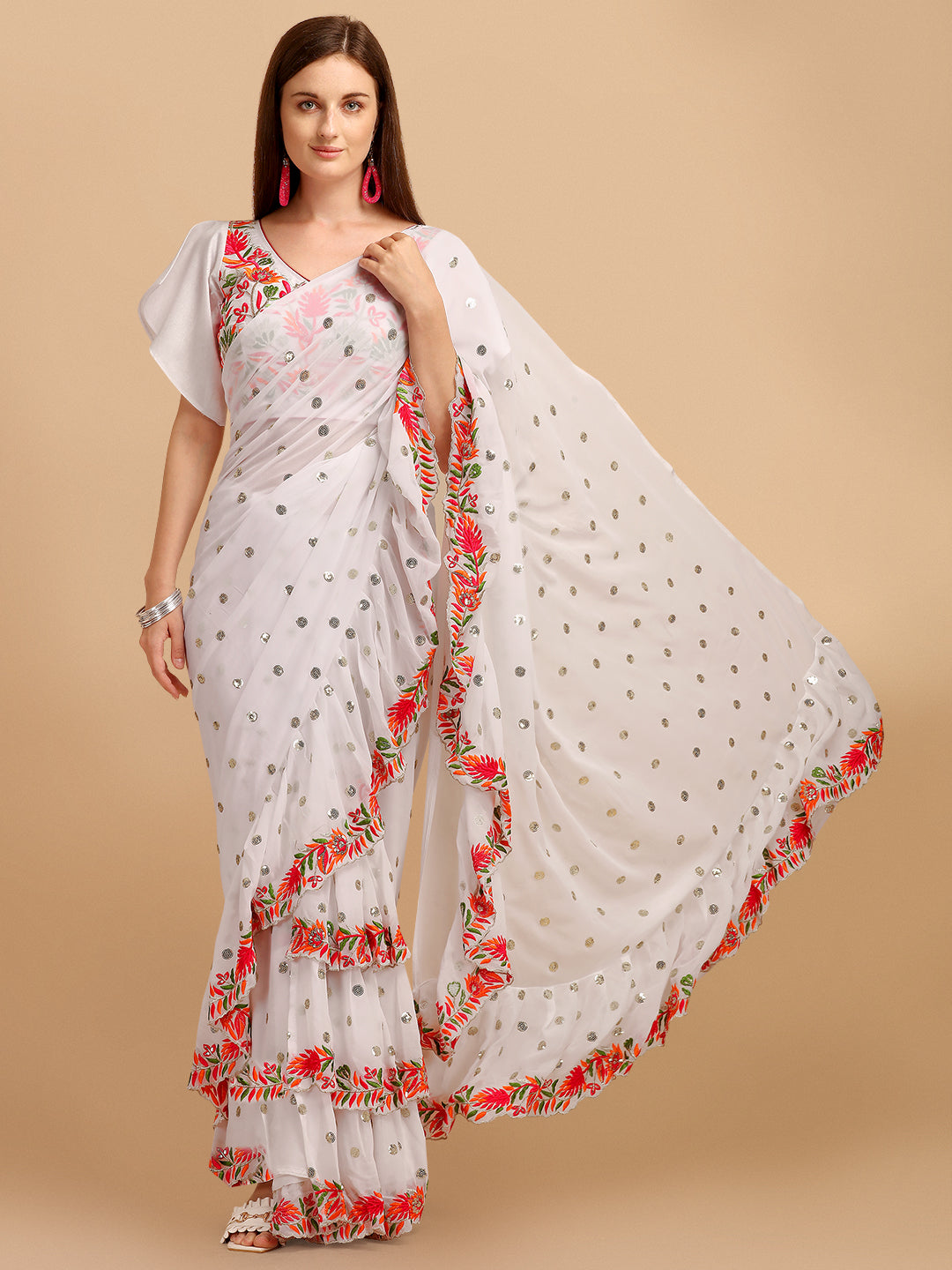 Lorenvalley Fashion White Faux Georgette Ruffle Saree with Fancy Sequence work & Blouse