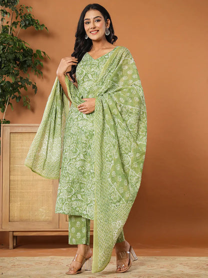 Yufta Green Cotton Strappy Kurta Dupatta Set