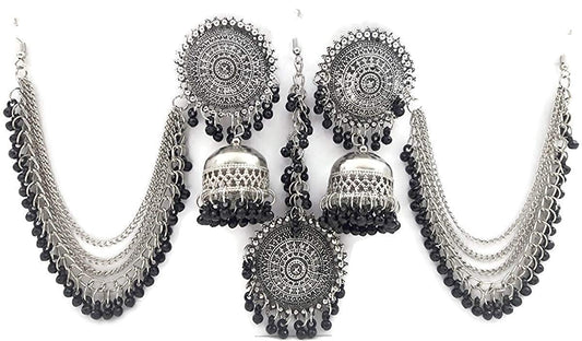 Silver-Plated Alloy Silver Black Earrings With Hair Extension - The Pari