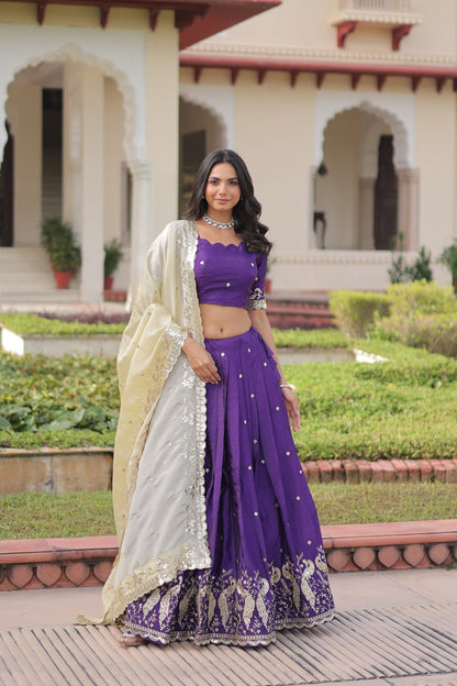 Lorenvalley Fashion Purple Gold Crush with Sequins & Zari Embroidered Work Lehenga Choli with Dupatta