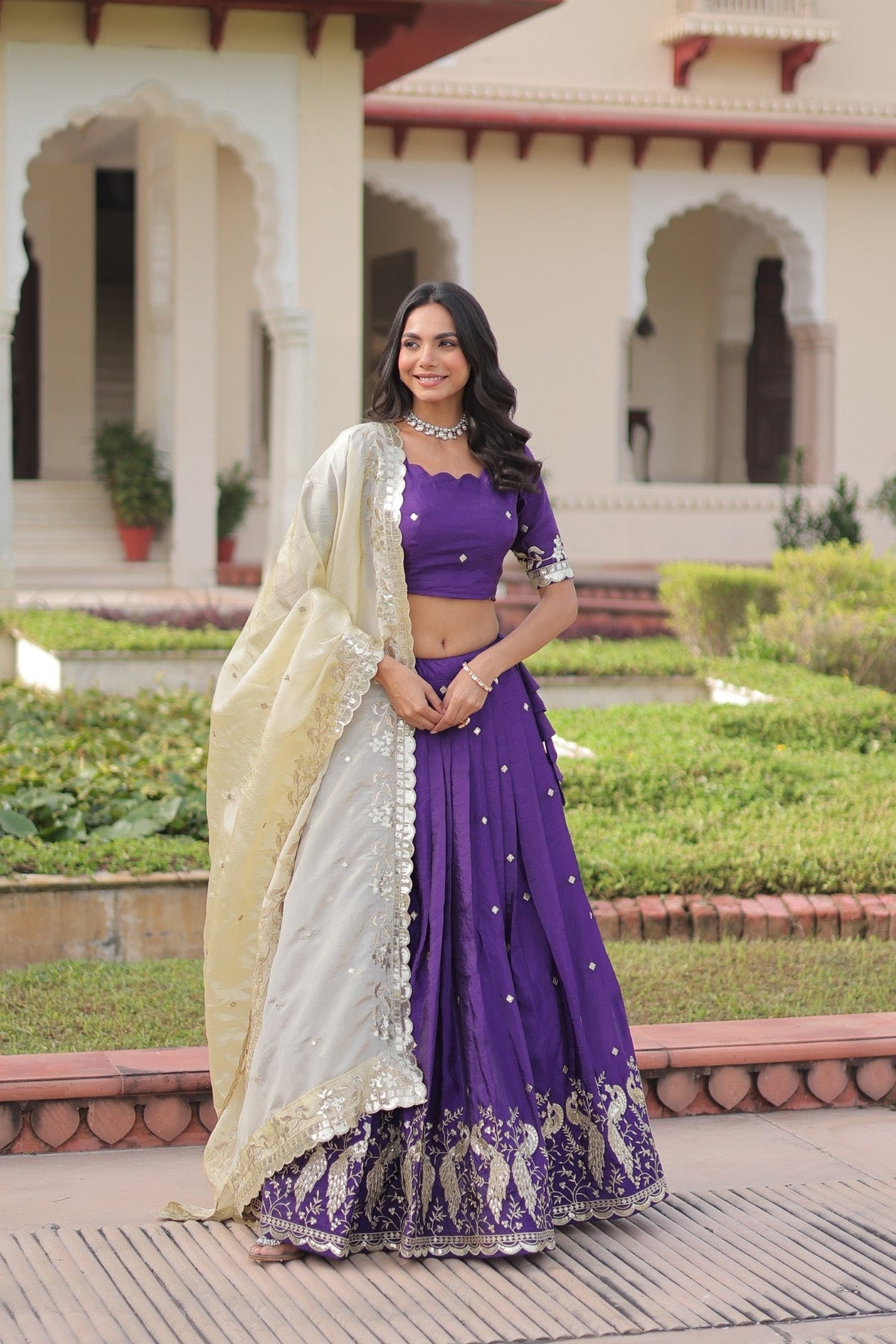 Lorenvalley Fashion Purple Gold Crush with Sequins & Zari Embroidered Work Lehenga Choli with Dupatta