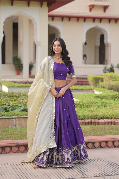 Lorenvalley Fashion Purple Gold Crush with Sequins & Zari Embroidered Work Lehenga Choli with Dupatta