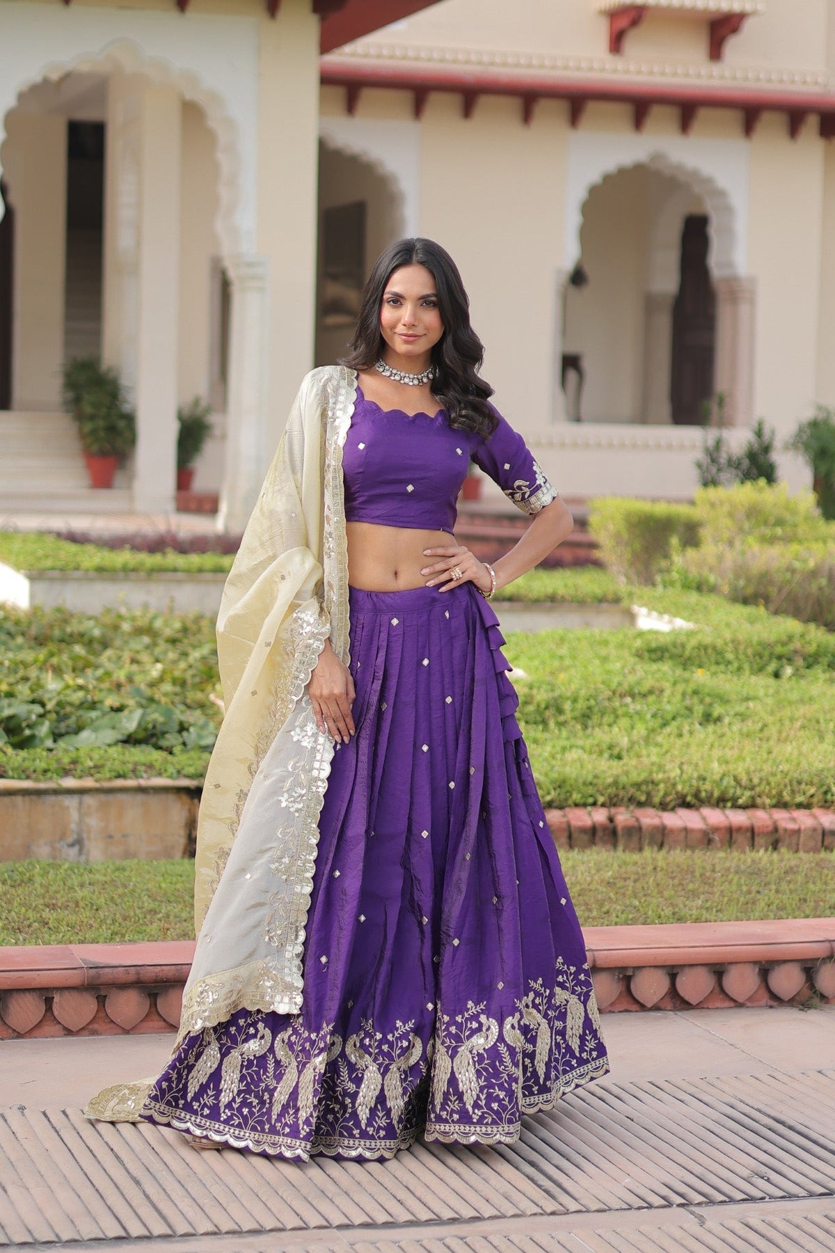 Lorenvalley Fashion Purple Gold Crush with Sequins & Zari Embroidered Work Lehenga Choli with Dupatta