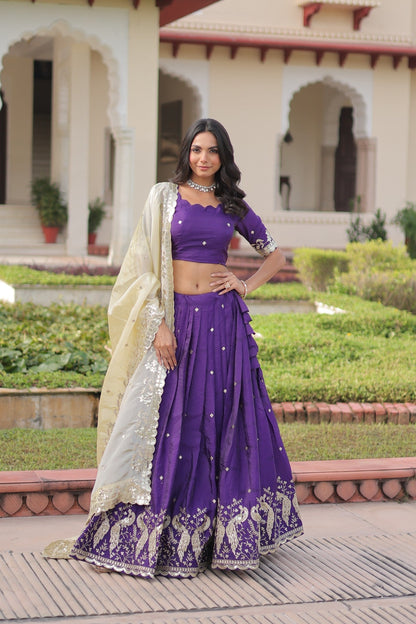 Lorenvalley Fashion Purple Gold Crush with Sequins & Zari Embroidered Work Lehenga Choli with Dupatta