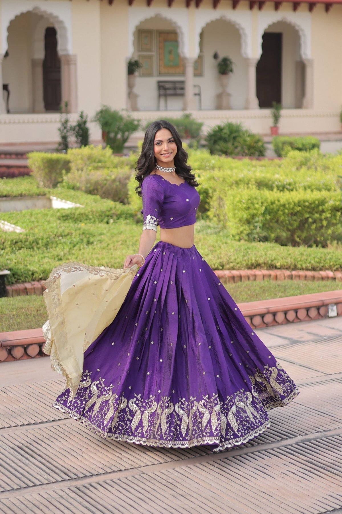 Lorenvalley Fashion Purple Gold Crush with Sequins & Zari Embroidered Work Lehenga Choli with Dupatta