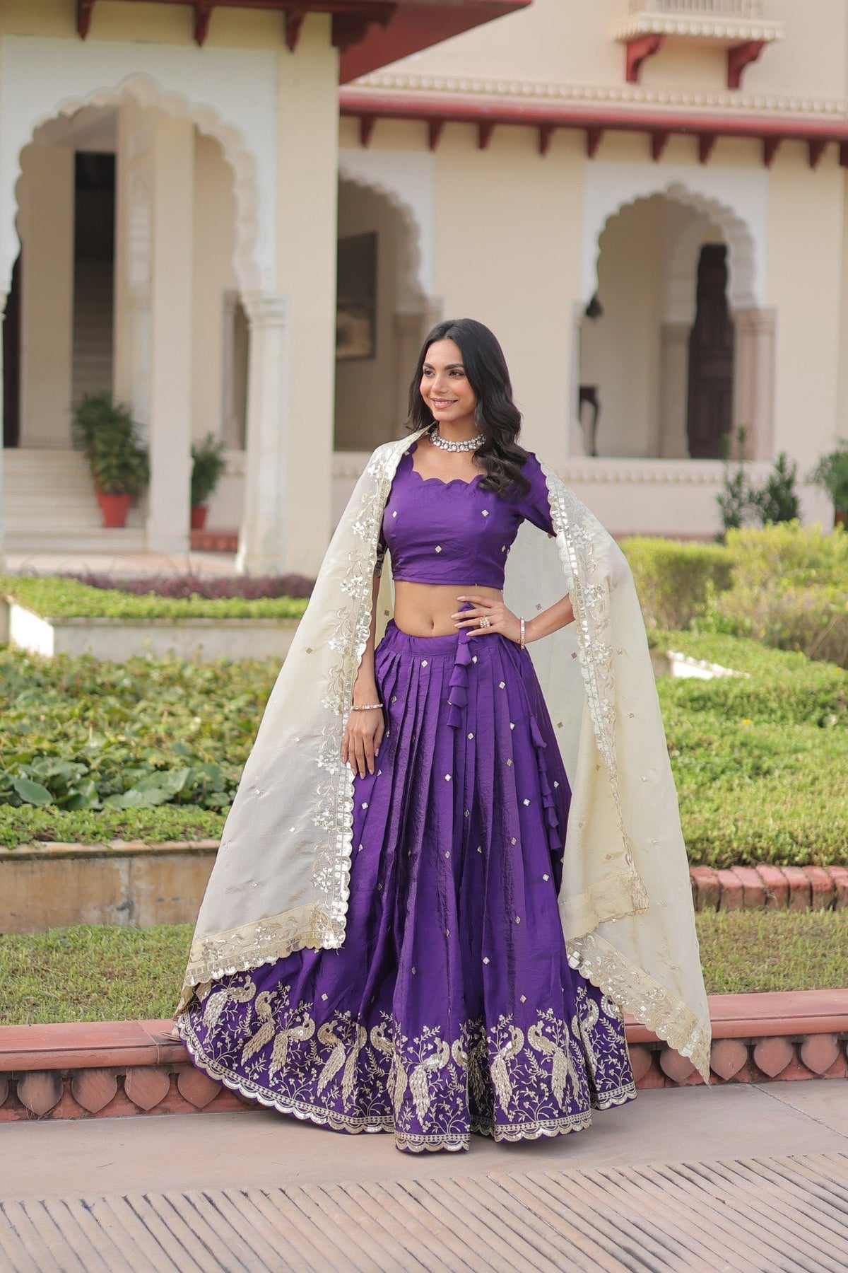 Lorenvalley Fashion Purple Gold Crush with Sequins & Zari Embroidered Work Lehenga Choli with Dupatta
